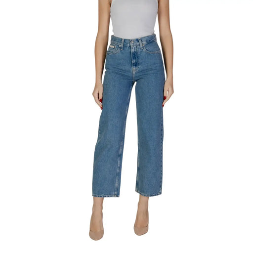 Calvin Klein Jean en denim bleu coton pour femme, taille haute, coupe droite et ourlet court