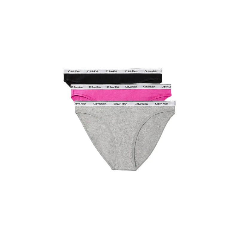 Ensemble de trois Calvin Klein Culottes de bikini en coton pour femmes, noires, roses et gris chiné, avec ceinture à logo blanc.
