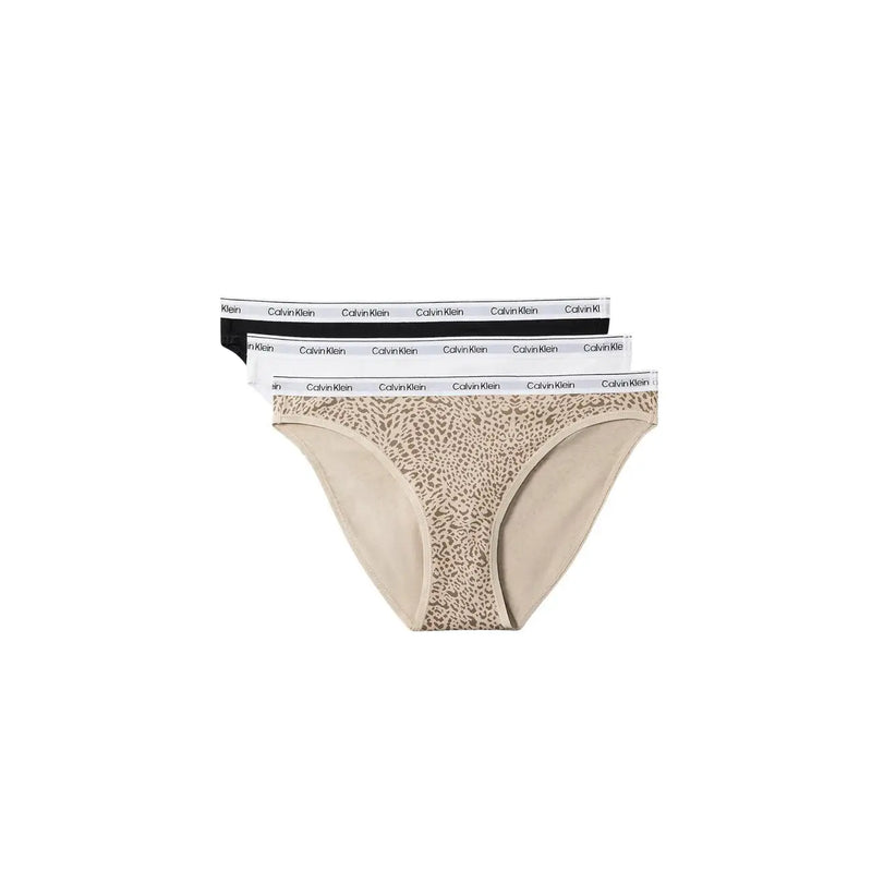 Calvin Klein Ensemble de sous-vêtements bikini en coton pour femme, imprimé léopard noir, blanc et beige, avec ceintures griffées.