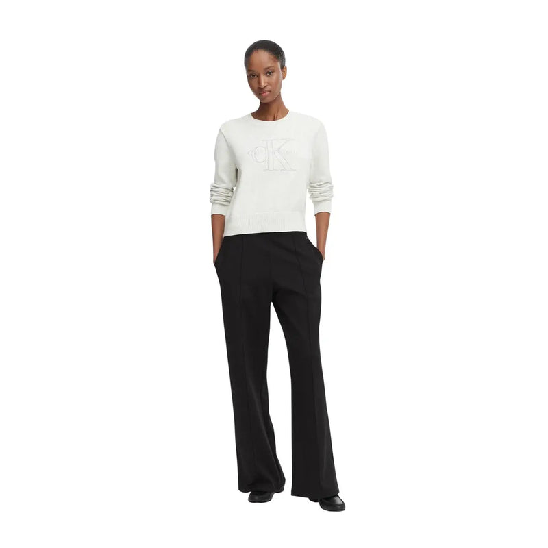 Calvin Klein Sweat-shirt blanc en maille de coton pour femme, col rond, logo brodé discret et poignets côtelés