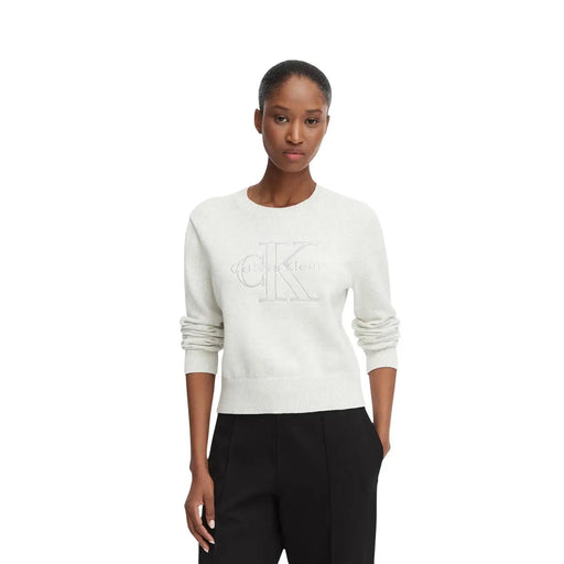 couleur crème Calvin Klein Pull en maille de coton pour femme, col rond et logo brodé discret sur la poitrine