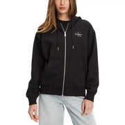 Black calvin klein women cotton zip-up hoodie with silver zipper and embroidered logo on the chest