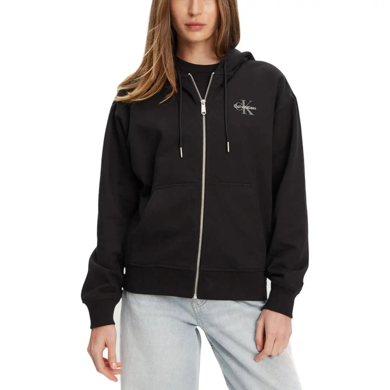 Black calvin klein women cotton zip-up hoodie with silver zipper and embroidered logo on the chest