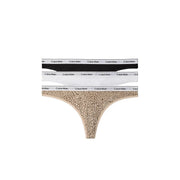 Calvin Klein Lot de 3 strings en coton pour femme, imprimé léopard noir, blanc et beige, avec ceinture griffée.