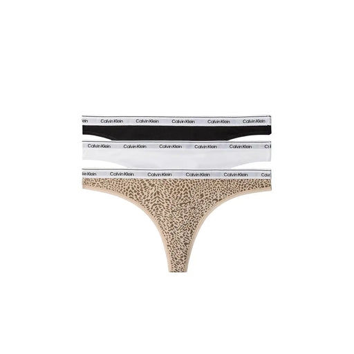 Calvin Klein women cotton thong briefs in black white and beige leopard print with branded waistbands 3 pack