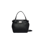Black textured leather Calvin Klein women crossbody bag with silver-tone logo clasp and top handle in polyurethane