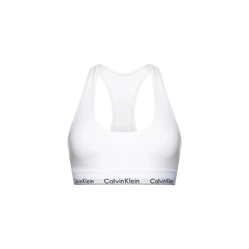 Soutien-gorge de sport blanc Calvin Klein avec bande logotée noire, conçu pour les femmes, alliant confort et maintien élégant
