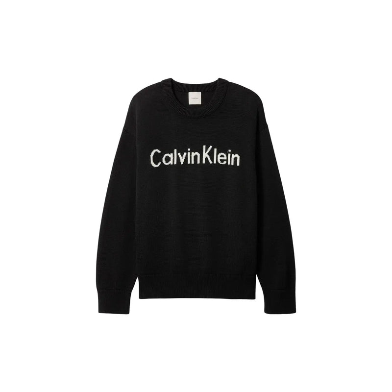 Noir Calvin Klein Pull en maille pour femme avec logo brodé blanc et col rond en coton