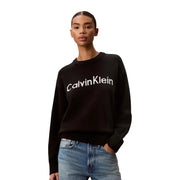 Sweat-shirt noir Calvin Klein pour femme, en maille de coton avec logo brodé blanc et col rond.