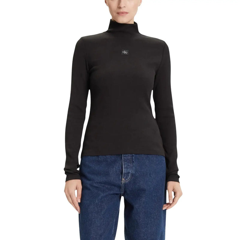 Calvin Klein pull en maille pour femme, col roulé en coton noir top avec un discret écusson logo sur la poitrine
