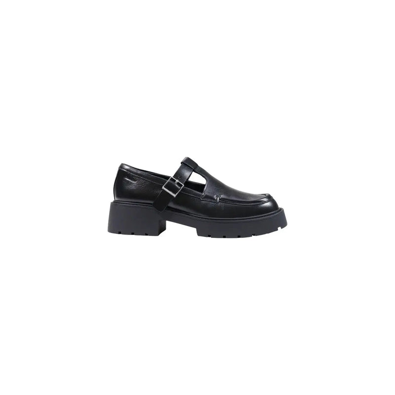 Black leather mary jane loafer with chunky platform sole and silver buckle from Calvin Klein women slip on shoes