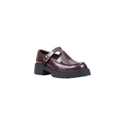 Calvin Klein women leather slip on mary jane loafer in rich burgundy with a chunky black sole and silver buckle