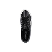 Black calvin klein women leather low-top sneaker with platform white rubber sole and silver eyelets