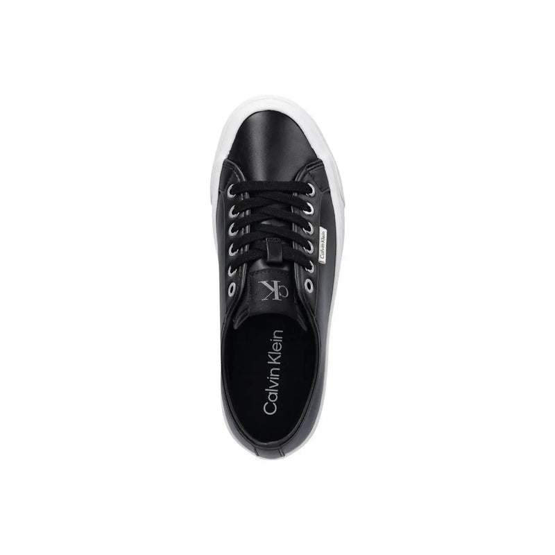 Black calvin klein women leather low-top sneaker with platform white rubber sole and silver eyelets
