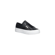 Calvin Klein women leather sneaker black platform with white sole silver eyelets and logo on the tongue