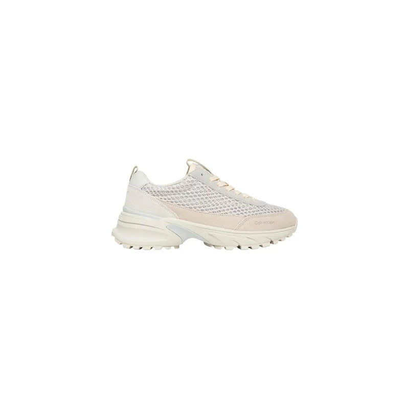 Calvin Klein women leather sneakers beige lace up with cream-colored mesh and suede and chunky textured sole