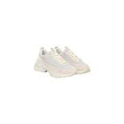 Cream-colored calvin klein women leather sneakers with chunky sole mesh upper suede accents and logo on the side