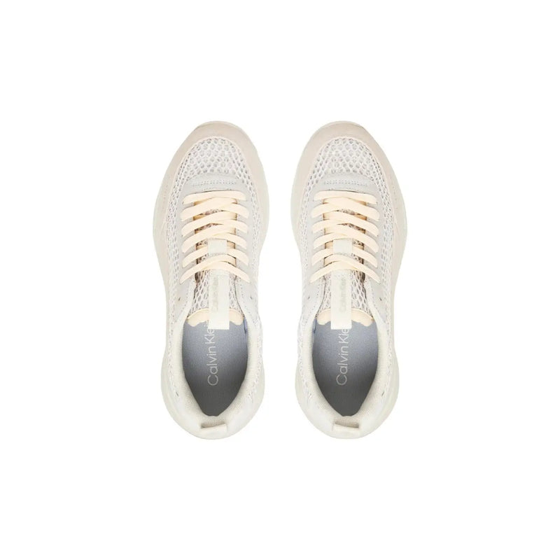Calvin Klein women leather sneakers beige lace up with cream-colored mesh and matching laces in a sleek modern design