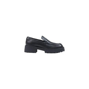 Calvin klein women leather sneakers black featuring a black leather loafer with chunky platform sole visible from the back side