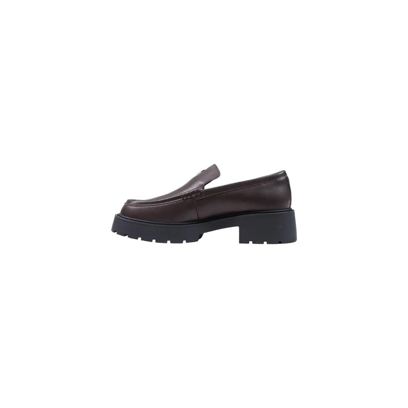 Calvin Klein women leather sneakers bordeaux featuring brown leather loafer style with chunky black rubber sole