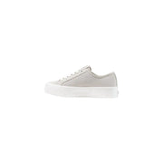 Calvin Klein women leather sneakers white lace up in light gray suede with thick white rubber sole and matching laces
