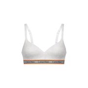 Soutien-gorge push-up Calvin Klein blanc pour femme, bretelles fines, bande logo grise, finitions pêche, en coton modal stretch.