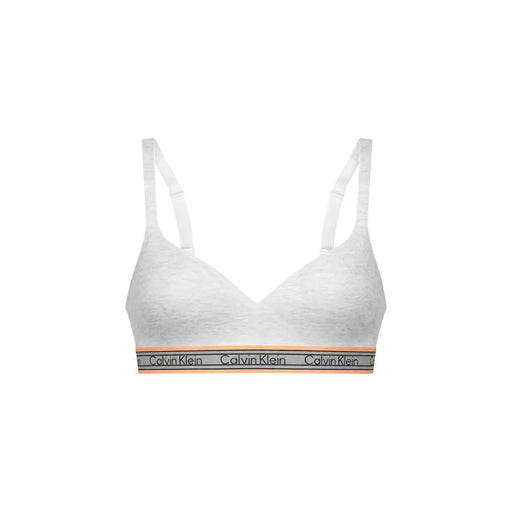 Soutien-gorge push-up Calvin Klein blanc pour femme, bretelles fines, bande logo grise, finitions pêche, en coton modal stretch.