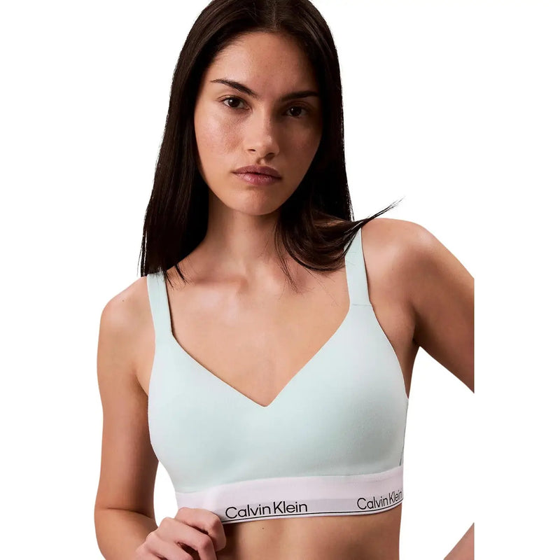 Soutien-gorge push-up bleu clair Calvin Klein pour femme, avec bande extensible en coton modal blanc et logo de la marque