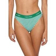 Calvin Klein Culotte bikini bleu clair pour femme, bas en polyamide à rayures vertes et blanches avec ceinture logotée