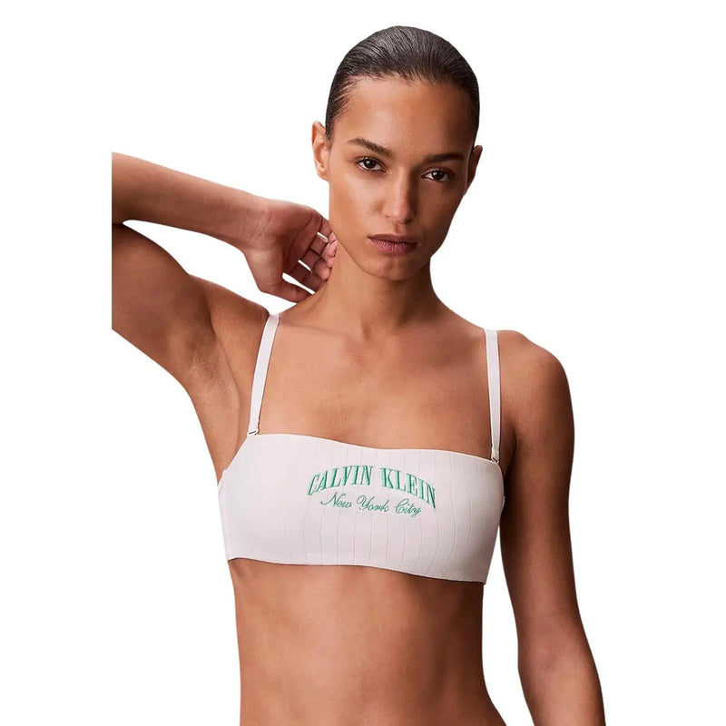 Calvin Klein Soutien-gorge bandeau en coton blanc légèrement doublé pour femme, avec fines bretelles et logo brodé vert