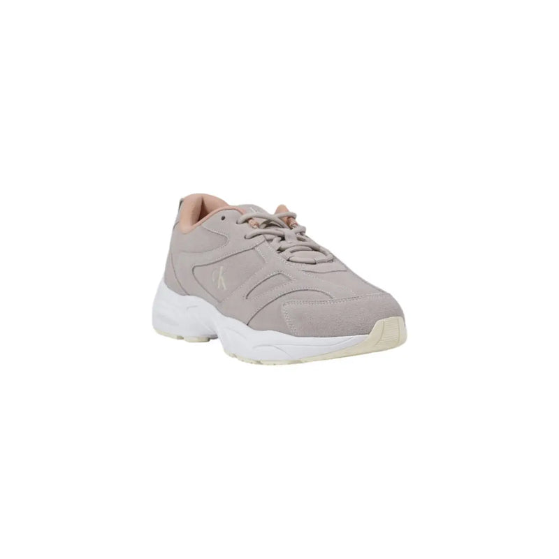 Calvin Klein women sneakers grey taupe suede with chunky white sole and matching synthetic lace up detail