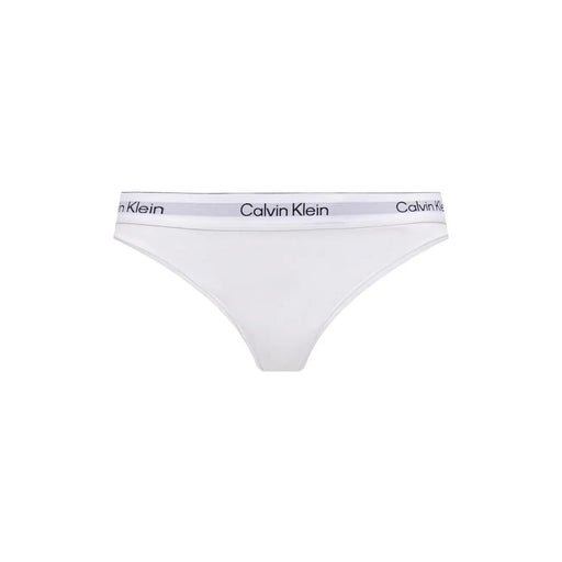 Calvin Klein Lot de 2 strings pour femme en coton modal blanc, ceinture grise et logo noir.