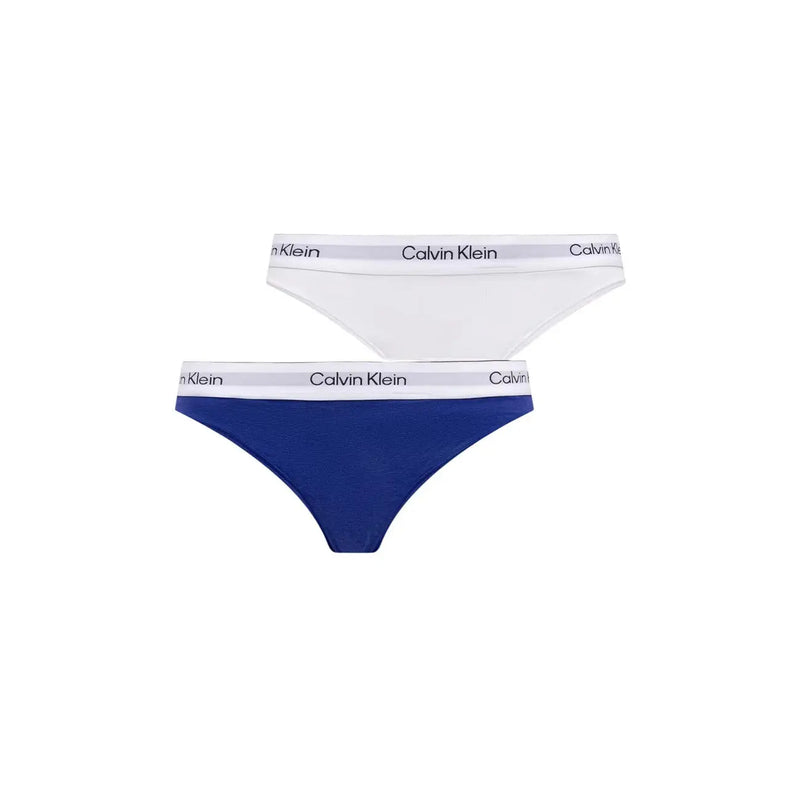 Calvin Klein Lot de 2 strings pour femme en coton modal blanc, avec culottes blanches et bleu marine et ceinture griffée