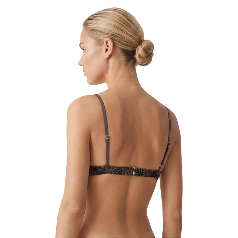 Calvin Klein Soutien-gorge triangle marron léopard non doublé, bretelles fines et agrafe métallique visible sur le devant.