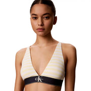 Calvin Klein Soutien-gorge triangle légèrement doublé pour femme, à rayures crème et blanches, avec bande en coton noir et logo CK.