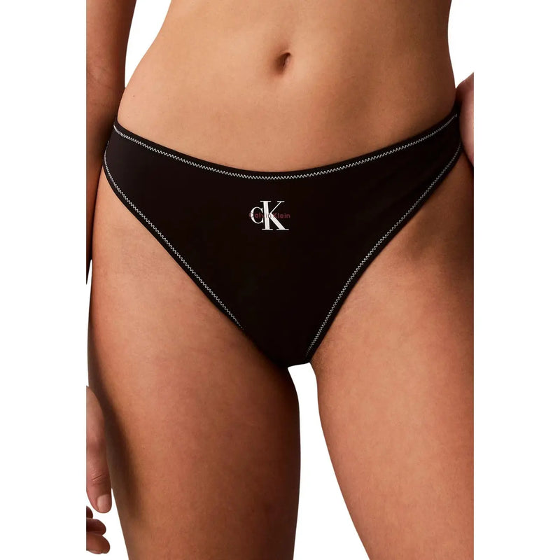 Calvin Klein String noir en polyester pour femme, avec coutures blanches et petit logo CK sur le devant