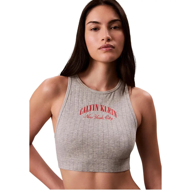 côtelé gris Calvin Klein récolte de la ville de New York top avec logo brodé rouge, en coton modal pour femmes