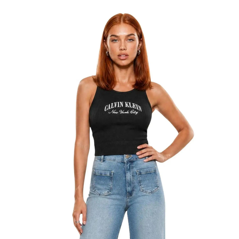 Calvin Klein Soutien-gorge sans doublure pour femme en coton modal gris avec débardeur noir top orné de broderies de New York