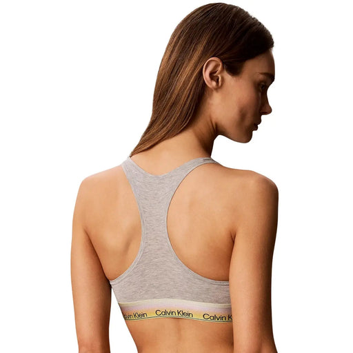 Calvin Klein Soutien-gorge sans doublure pour femme en coton modal gris chiné, ceinture côtelée avec logo noir et or