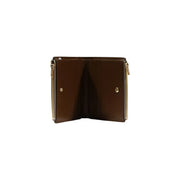 Portefeuille femme Calvin Klein en cuir verni beige et marron avec fermetures éclair dorées et clous métalliques 11,5 x 7,5 x 2 cm