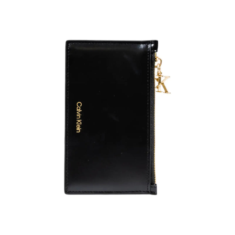 Noir Calvin Klein Portefeuille femme en similicuir avec fermeture éclair dorée et logo, dimensions 13 x 8 x 0,2 cm