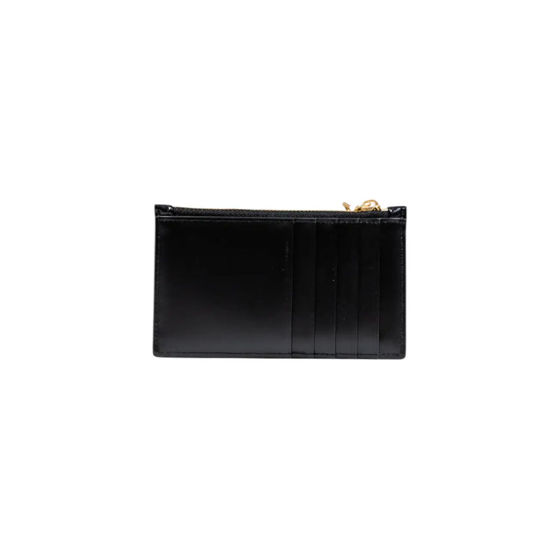 Calvin Klein Portefeuille femme en similicuir noir avec porte-cartes, fermeture éclair en cuir verni noir et tirette dorée
