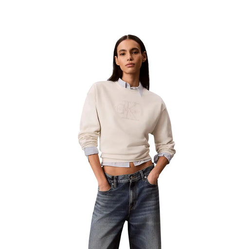 Calvin Klein Sweat-shirt blanc en coton pour femme, couleur crème, logo brodé discret et manches retroussées.