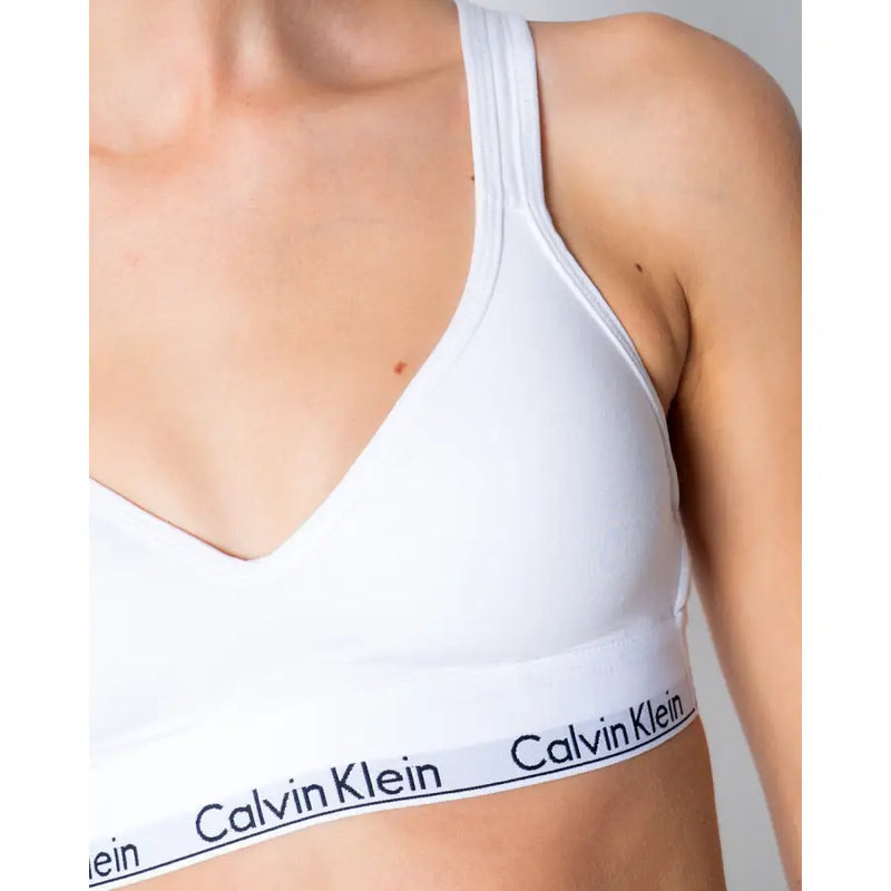 Calvin Klein white polyester sleeveless slip top sports bra with black logo band