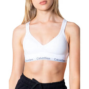 White Calvin Klein V-neck sports bra with logo band