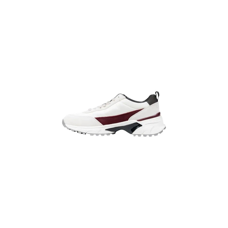 Calvin Klein women white suede sneakers with burgundy and black accents featuring a chunky sole and sleek design