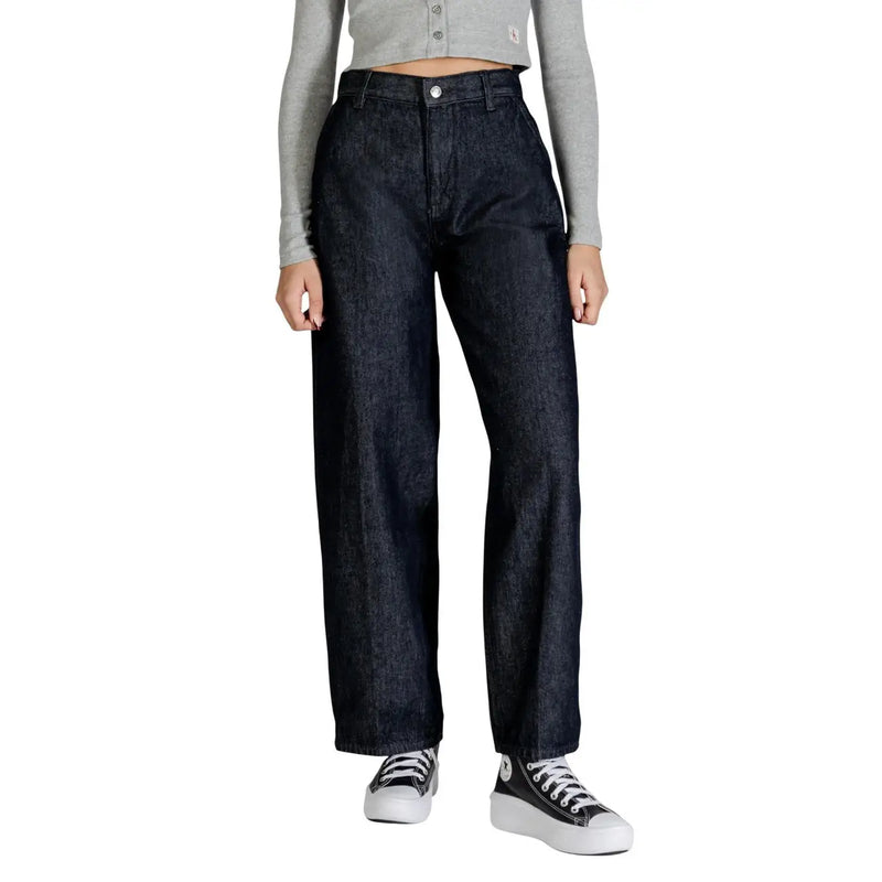 Calvin Klein womens dark indigo high-waisted wide-leg blue jeans