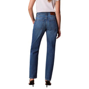 Calvin Klein Jean droit en coton stretch bleu pour femme avec empiècement en cuir marron