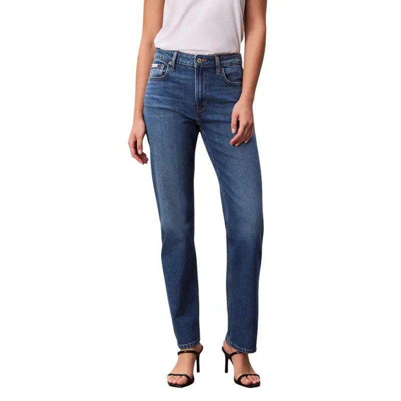 Calvin Klein Jean bleu en coton stretch pour femme, taille mi-haute, coupe droite