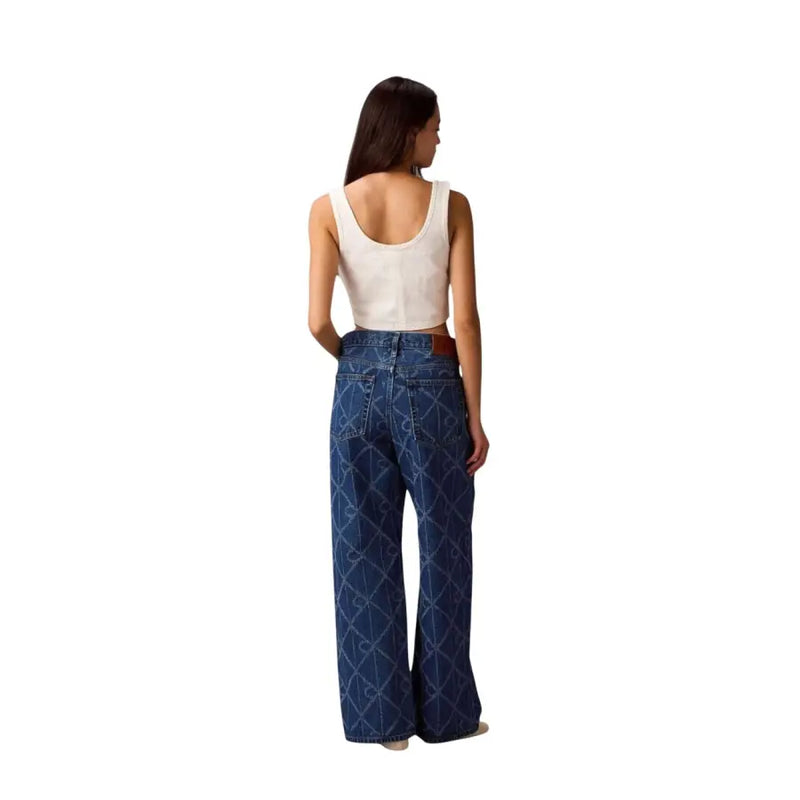 Calvin Klein women’s blue cotton denim wide-leg jeans with a subtle geometric pattern for casual wear